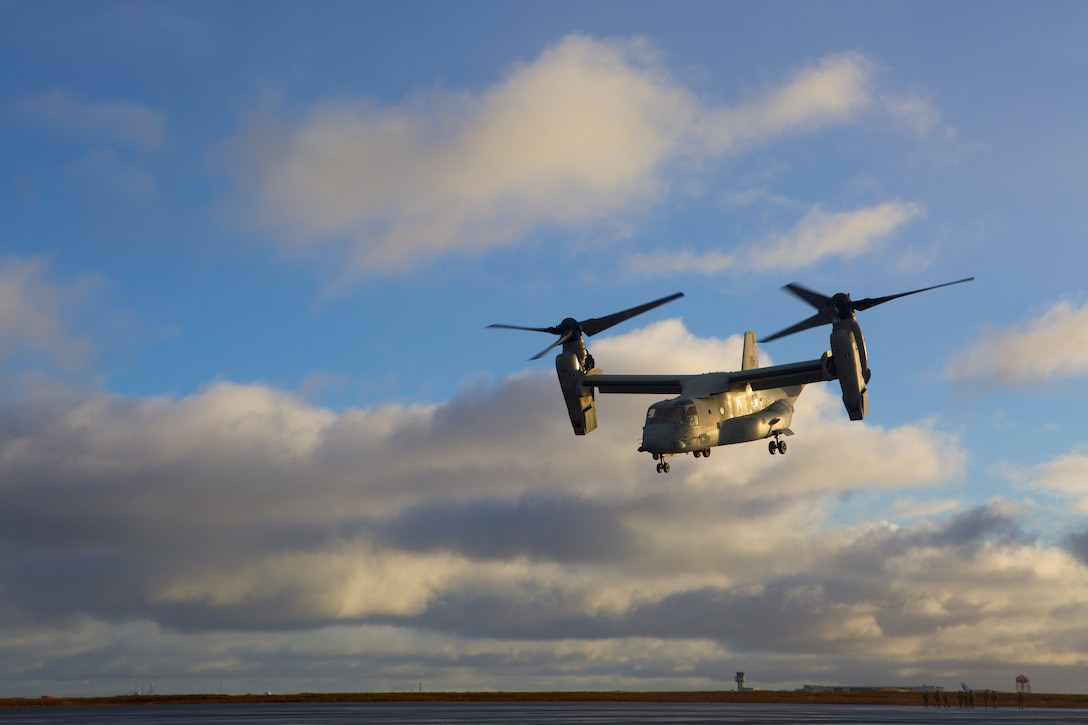 A U.S. Marine Corps MV-22B Osprey with the 24th Marine Expeditionary Unit prepares for landing at Keflavik Air Base, Iceland, Oct. 17, 2018, during Exercise Trident Juncture 18. Trident Juncture training in Iceland promotes key elements of preparing Marines to conduct follow-on training in Norway in the later part of the exercise.