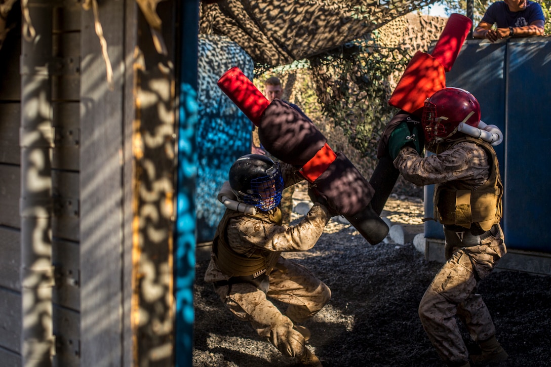 Recruits with Lima Company, 3rd Recruit Training Battalion, compete against one another during pugil sticks III at Marine Corps Recruit Depot San Diego, Oct. 16. The Recruits executed numerous Marine Corps Martial Arts Program techniques throughout the Pugil Sticks III event. Annually, more than 17,000 males recruited from the Western Recruiting Region are trained at MCRD San Diego. Lima Company is scheduled to graduate Nov. 30, 2018.