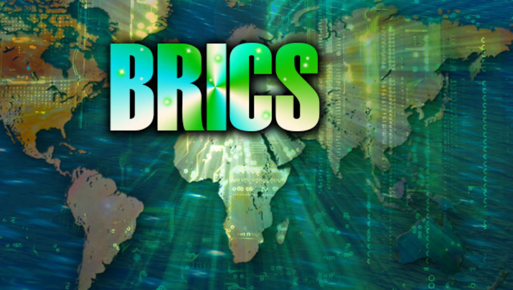 Artist's digital rendering of a brightly colored map portraying the spread of cyber national intelligence information throughout BRICS network. BRICS logo stands for Brazil, Russia, India, China and South Africa network system.