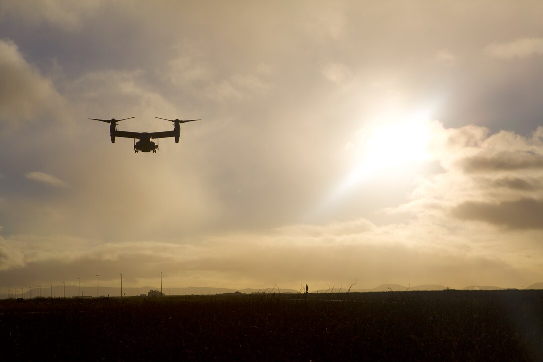 A U.S. Marine Corps MV-22B Osprey with 24th Marine Expeditionary Unit prepares for landing at Keflavik Air Base, Iceland, Oct. 17, 2018, during Exercise Trident Juncture 18. Trident Juncture training in Iceland promotes key elements of preparing Marines to conduct follow-on training in Norway in the later part of the exercise.