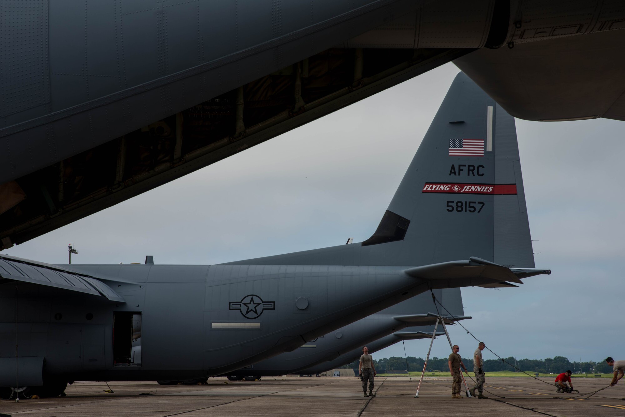 The 815th Airlift Squadron out of Keesler Air Force Base, Miss., flies C-130J "Flying Jennies" shown parked on the flightline at Keesler Air Force Base, Miss., Sept. 28, 2019. In January, the 803rd Aircraft Maintenance Squadron supported the aircraft during a six month deployment in Southwest Asia. (U.S. Air Force photo by Senior Airman Kristen L. Pittman).