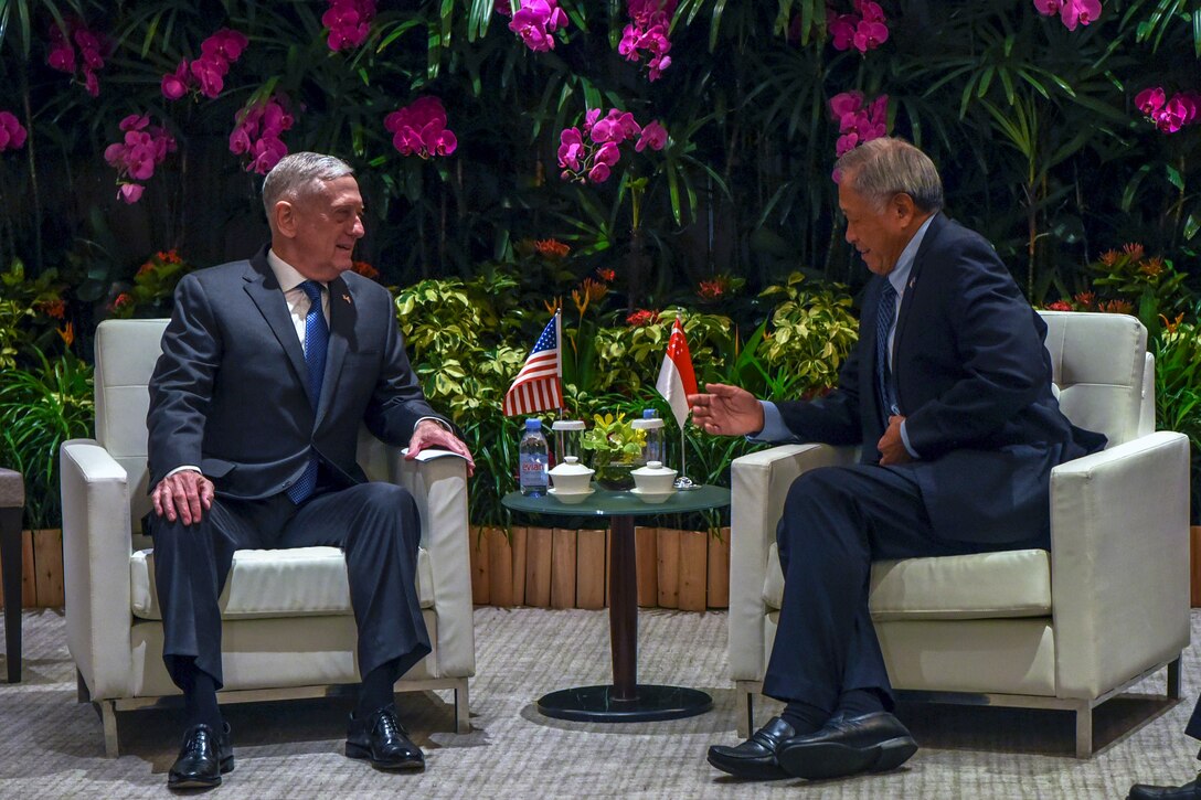 Defense Secretary James N. Mattis meets with Singaporean Defense Minister Ng Eng Hen