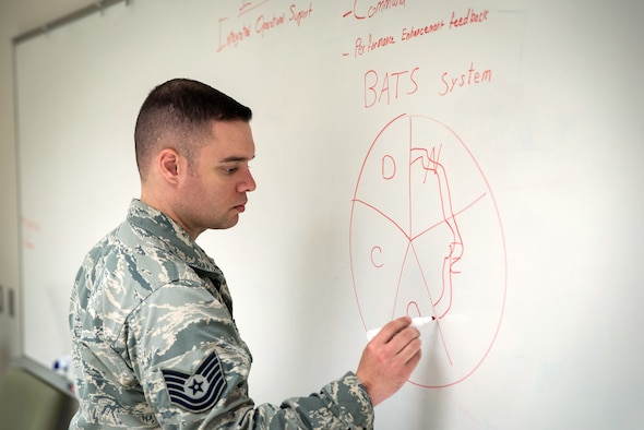 Tech. Sgt. Michael Tryon, non-commissioned officer in charge, Aeromedical Operational Psychology at the U.S. Air Force School of Aerospace Medicine, Wright-Patterson Air Force Base, Ohio, prepares to teach a course for Integrated Operational Support mental health care providers, technicians and social workers, Aug. 30, 2018. The IOS mental health care training program prepares providers going into IOS positions, focusing on how to support the entire squadron to improve performance. (U.S. Air Force photo by Richard Eldridge)