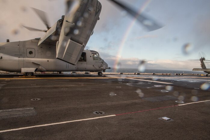 A U.S. Marine Corps V-22 Osprey prepare for takeoff aboard USS Iwo Jima (LHD 7) Oct 17, in preparation for Exercise Trident Juncture 2018.