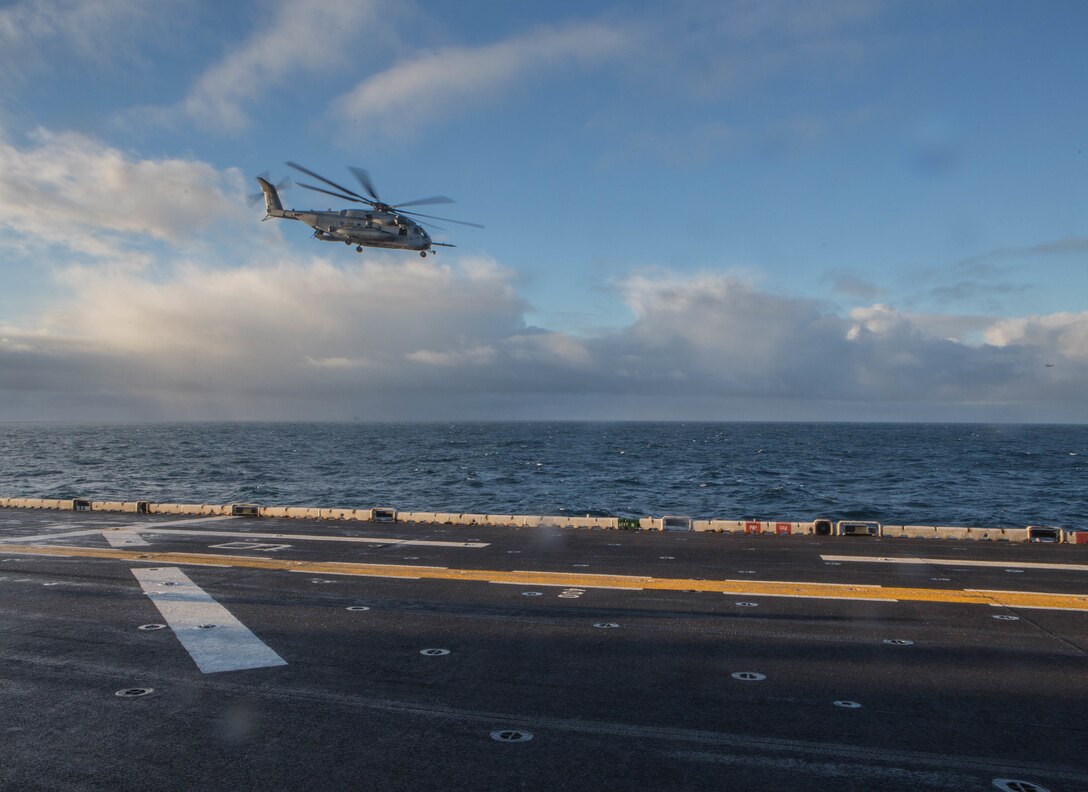A U.S. Marine Corps CH-53 Sea Stallion flies towards Reykjavík, Iceland Oct 17, in preparation of Exercise Trident Juncture 2018.