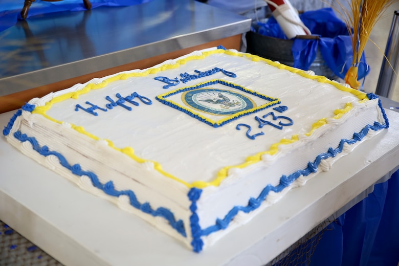 A birthday cake is displayed during a celebration of the U.S. Navy’s 243rd birthday aboard Marine Corps Air Station Beaufort, Oct. 17. During the celebration, Sailors, Marines and civilians honored the history and traditions of the Navy while bonding over.