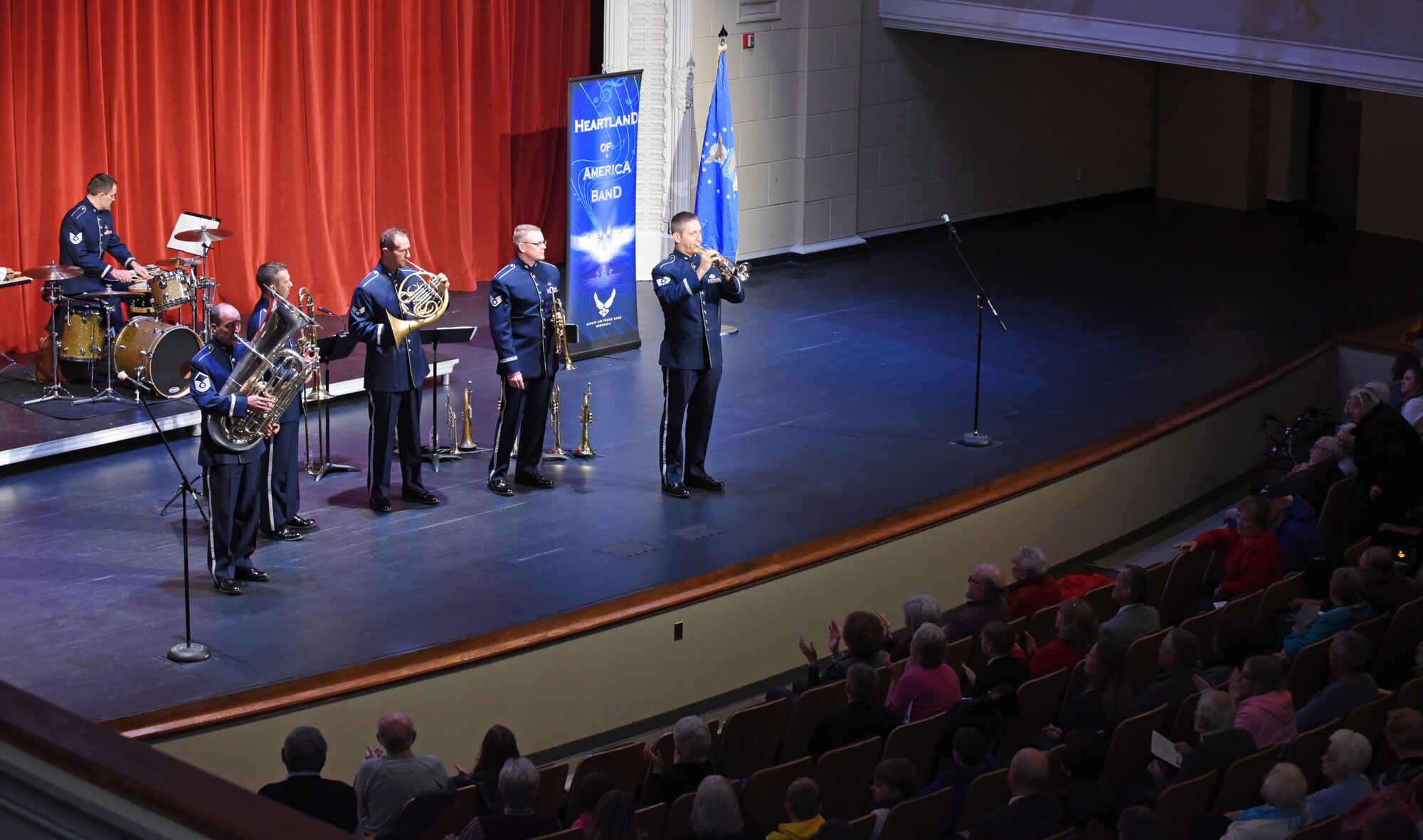 Offutt Brass, the United States Air Force Heartland of America Band Brass ensemble plays at the Performing Arts Center’s Historic Theater in Rapid City, S.D., Oct. 14, 2018. The band includes a tuba, French horn, trombone, percussion and two trumpets. (U.S. Air Force photo by Airman Christina Bennett)