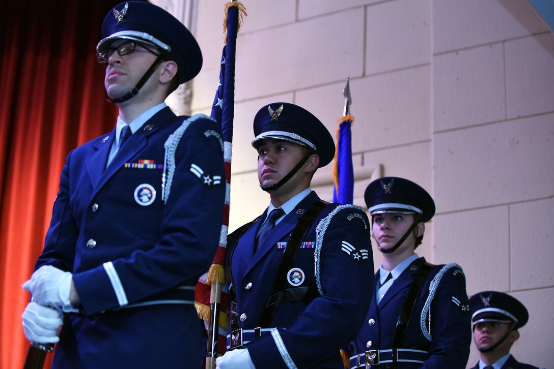 The 28th Bomb Wing Honor Guard demonstrated the posting of the colors alongside Offutt Brass at the Performing Arts Center’s Historic Theater in Rapid City, S.D., Oct. 14, 2018. The event was held as part of a weeklong tour throughout the Midwest. (U.S. Air Force photo by Airman Christina Bennett)