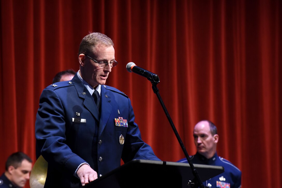 Col. David J. Linkh, the 28th Medical Group commander, introduces Offutt Brass prior to their show at the Performing Arts Center’s Historic Theater in Rapid City, S.D., Oct. 14, 2018. Linkh dedicated the performance to the Black Hills community and thanked them for their support of military members serving at Ellsworth Air Force Base. (U.S. Air Force photo by Airman Christina Bennett)
