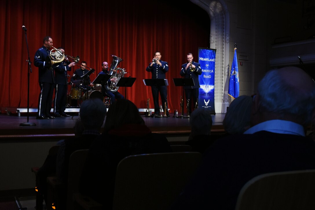 Offutt Brass, the United States Air Force Heartland of America Band brass ensemble, plays at the Performing Arts Center’s Historic Theater in Rapid City, S.D., Oct. 14, 2018. The band supports the Air Force mission by raising morale and communicating the Air Force story through their music. (U.S. Air Force photo by Airman Christina Bennett)