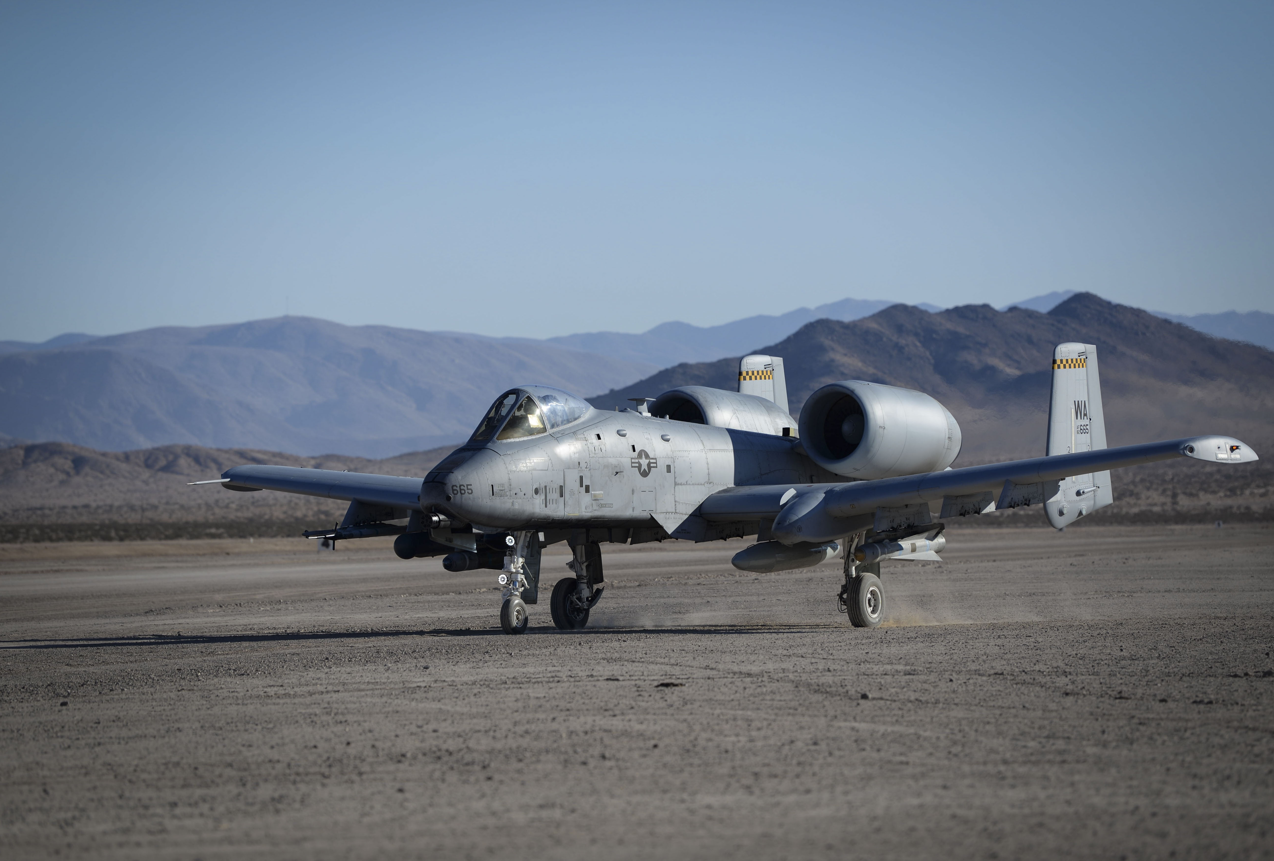 An A-10 Thunderbolt II assigned to the 66th Weapons School (WPS) at Nellis Air Force Base, Nevada, prepares for takeoff Oct. 5, 2018 at Ft. Irwin, California. The 66th WPS Weapons Instructor Course pilots flew as forward air control in support of Green Flag West 19-01 held at Ft Irwin. (U.S. Air Force photo by Airman Bailee A. Darbasie)