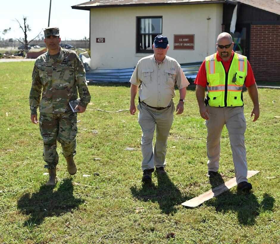 Col. Sebastien P. Joly, U.S. Army Corps of Engineers Mobile District commander, and Wynne Fuller, chief of Operations Division for Mobile District, visited the USACE Resident Office at Tyndall Air Force Base, on Oct. 17, 2018 in Panama City, Fla.