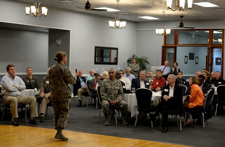 Col. Samantha Weeks, 14th Flying Training Wing Commander, talks to Base Community Council members and Airmen Oct. 11, 2018, during a BCC luncheon at the Club on Columbus Air Force Base, Mississippi. Weeks gave some background information on who she is and explained the new wing mission statement and what it means. (U.S. Air Force photo by Airman Hannah Bean)