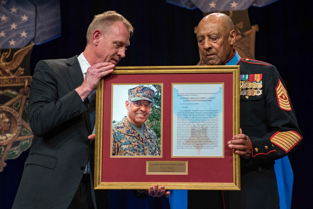 Deputy Defense Secretary Patrick M. Shanahan and Marine Corps Sgt. Maj. John L. Canley