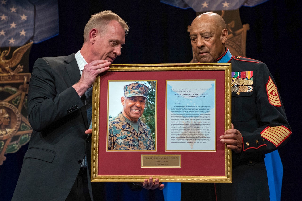 Deputy Defense Secretary Patrick M. Shanahan and Marine Corps Sgt. Maj. John L. Canley