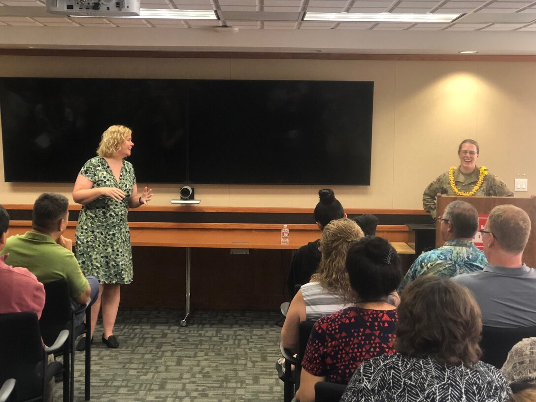 There wasn't a seat left in the room as staff were honored to have Honolulu District USACE District Council Shivaun White introduce District Commander Lt. Col. Kathryn P. Sanborn during the Aug. 29, District’s Women’s Equality Event.