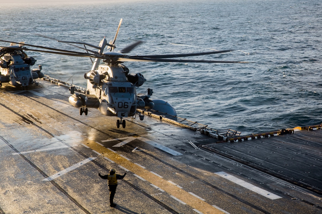 A CH-53E Sea Stallion prepares for take-off aboard USS Iwo Jima while conducting an air assault in Icelandic terrain Oct. 17, 2018. Iceland’s unique terrain and climate allows for Marines to be better prepared and rapidly deploy in support of NATO Allies and partners.