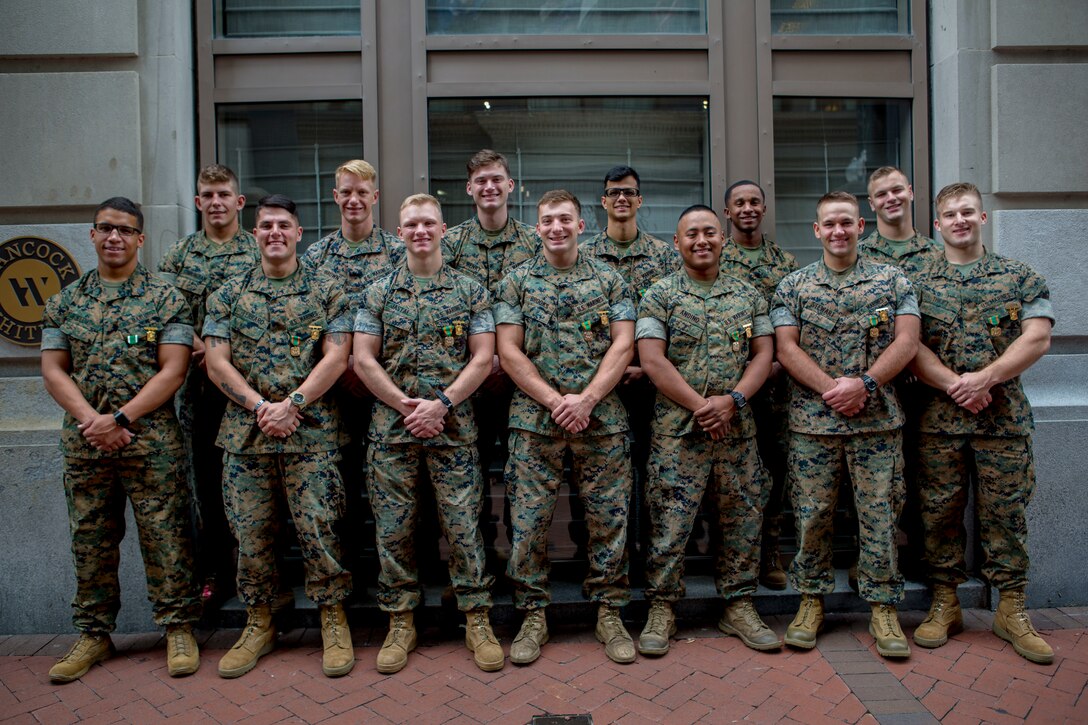 Marines with 3rd Battalion, 23rd Marine Regiment, pose for a photo at the AC Hotel in New Orleans, Oct 17, 2018, after being awarded for their work during the 2018 Super Squad Competition.