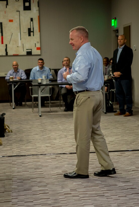 Brig. Gen. Michael Martin, 4th Marine Division commanding general, speaks to the Super Squad 2018 participants and explains what an honor it is to receive this recognition at the AC Hotel in New Orleans, Oct 17, 2018.