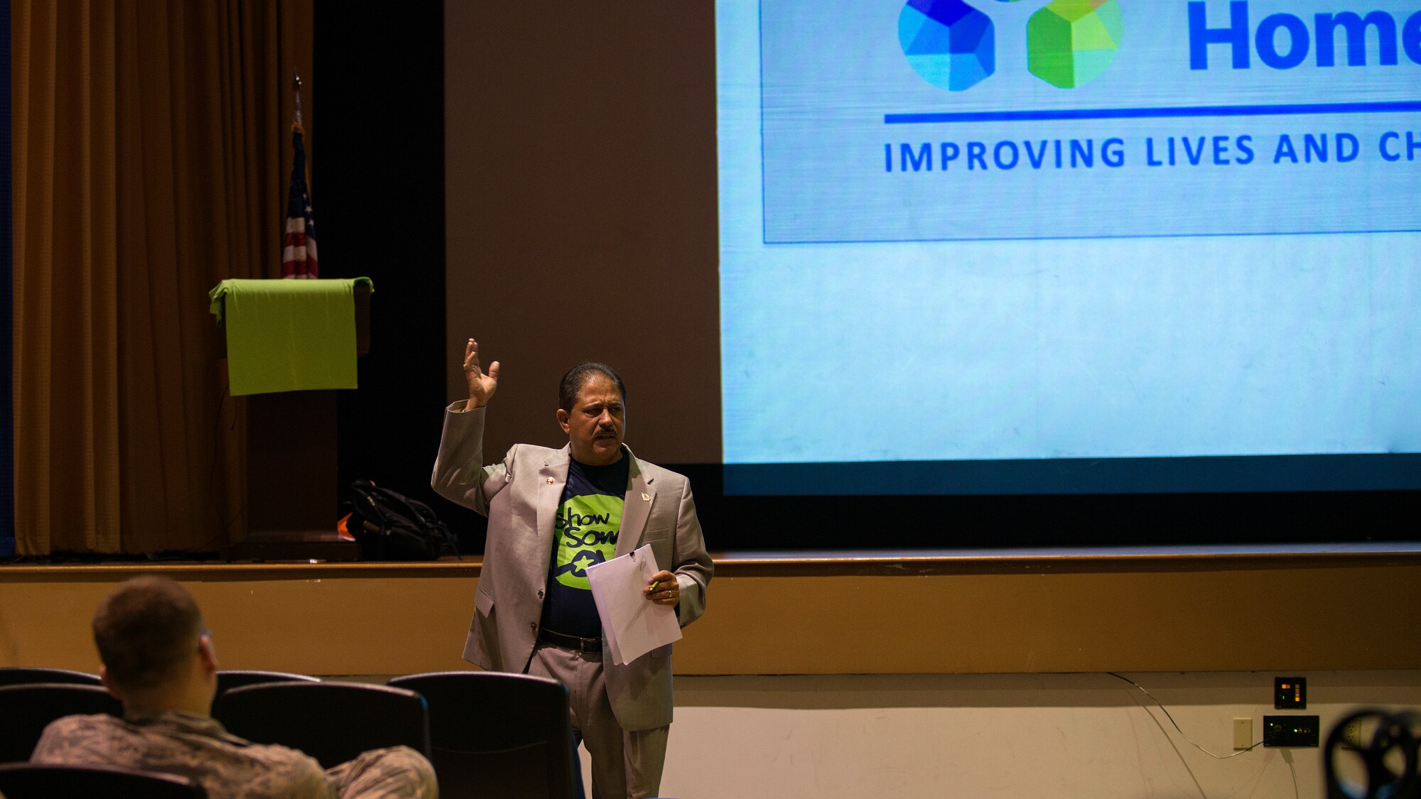 Jose Rodriguez, the deputy director of the Sunshine Combined Federal Campaign (CFC), speaks at the CFC kick-off at MacDill Air Force Base, Fla., Oct. 18, 2018.