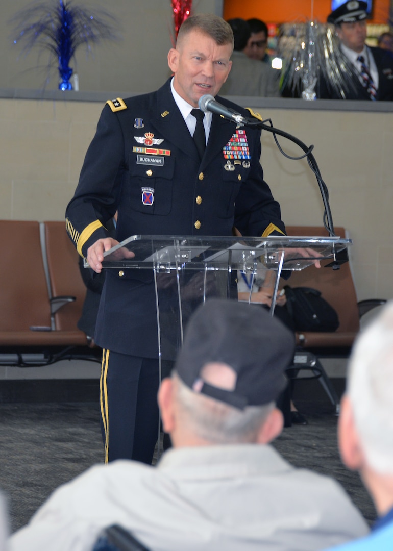 Lt. Gen. Jeffrey Buchanan, commanding general, U.S. Army North (Fifth Army) from Joint Base San Antonio-Fort Sam Houston, speaks to the gathered World War II veterans and their high school companions during a sendoff ceremony at the San Antonio International Airport Oct. 17 which saw 40 WWII veterans take off for a trip to New Orleans to visit the National World War II Museum. The Soaring Valor program, sponsored by the Gary Sinise Foundation, helped send the veterans and 40 high school Student companions from Dallas, to the museum.