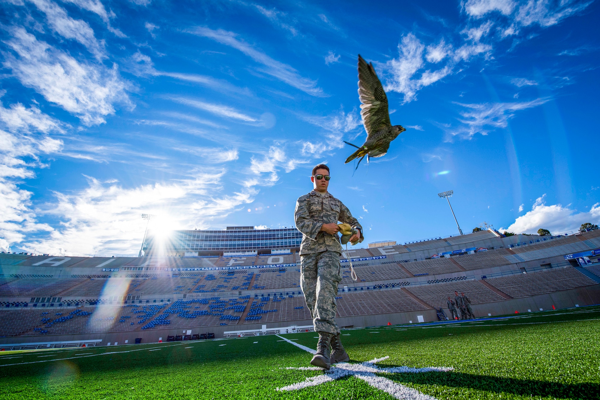 Cadet First Class Justin Waligora, Falconry Team member, uses a lure to guide one of four falcons used for flying demonstrations, during a training exercise on the field of Falcon Stadium at the U.S. Air Force Academy, Colorado Springs, Colo. The falconry program has been a tradition held since the beginning of the academy in 1955. (U.S. Air Force photo by Joshua Armstrong)