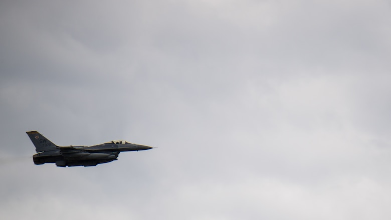 An F-16 Fighting Falcon from Shaw Air Force Base, S.C., takes flight at Barksdale Air Force Base, La., Oct. 12, 2018. The aircraft was evacuated to Barksdale to avoid possible damage from Hurricane Michael. (U.S. Air Force photo by Airman 1st Class Lillian Miller)