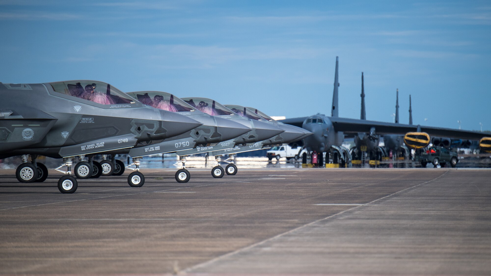 F-35 Lightning aircraft from Eglin Air Force Base, Fla., prepare for takeoff at Barksdale AFB, La., Oct. 12, 2018. The aircraft evacuated to Barksdale AFB to avoid possible damage from Hurricane Michael. (U.S. Air Force photo by Airman 1st Class Lillian Miller)