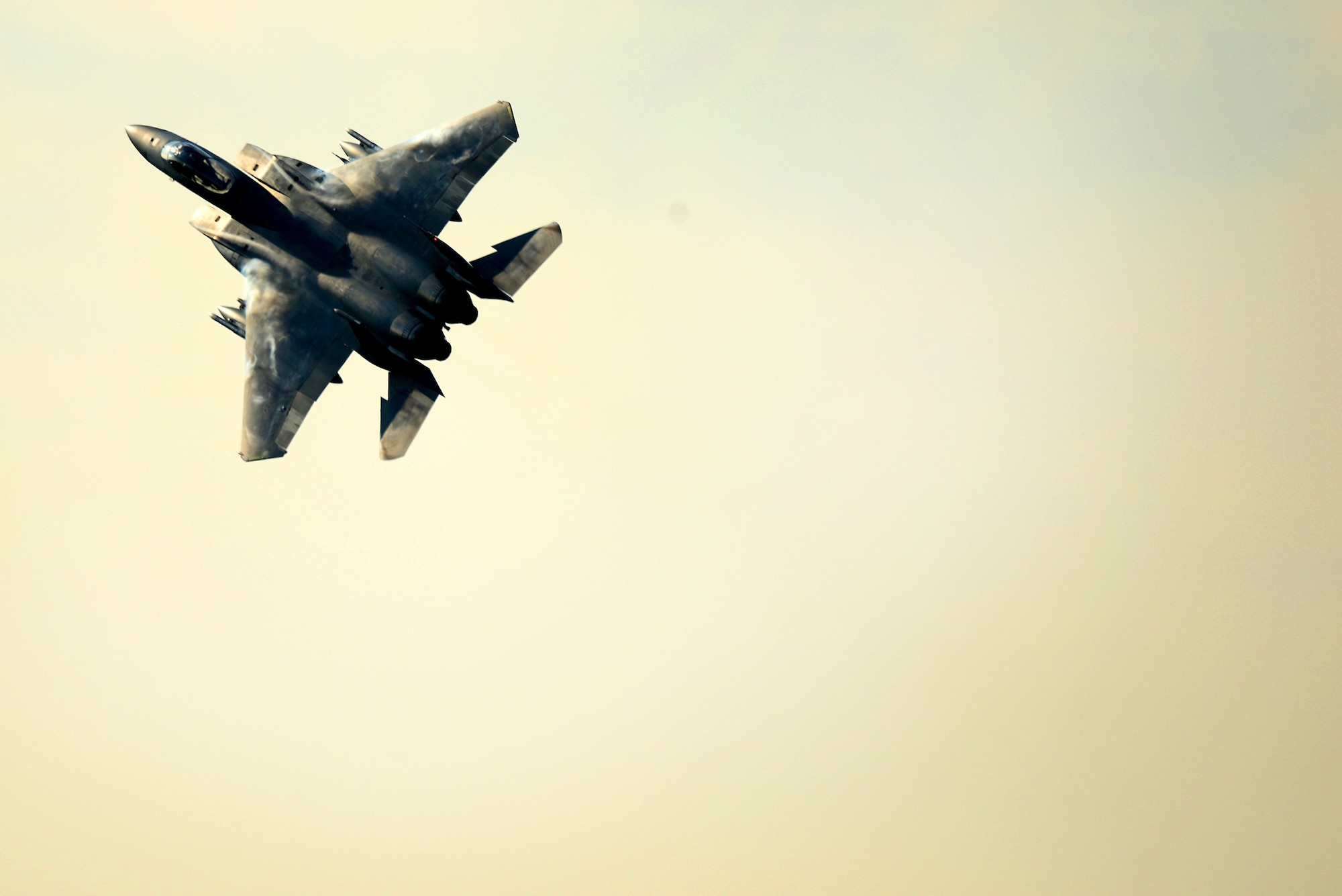 An F-15C Eagle assigned to the 493rd Fighter Squadron returns from a joint training sortie with F/A-18 Super Hornets and F-22 Raptors at RAF Lakenheath, England, Oct. 16, 2018. The training serves as a demonstration of U.S. commitment to European regional security. (U.S. Air Force photo by Tech. Sgt. Matthew Plew)