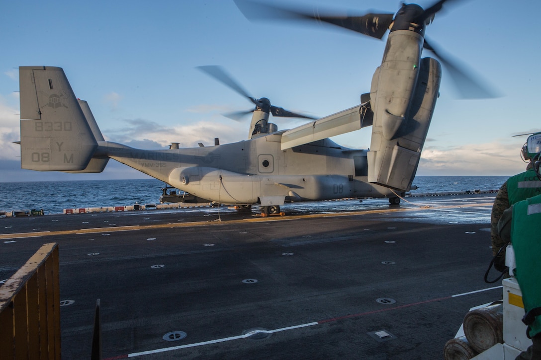 A U.S. Marine Corps V-22 Osprey prepare for takeoff aboard USS Iwo Jima (LHD 7) Oct 17, in preparation of exercise Trident Juncture 2018. Trident Juncture is a planned exercise to enhance U.S. and NATO Ally abilities to work together collectively and conduct military operations under challenging conditions. (U.S. Marine Corps photo by Lance Cpl. Brennon A. Taylor)