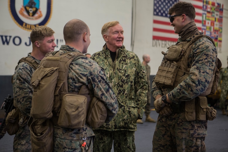 U.S. Navy Adm. James G. Foggo III, meets with Marines aboard USS Iwo Jima (LHD 7) Oct 17, in preparation for Exercise Trident Juncture 2018. Trident Juncture is a planned exercise to enhance U.S. and NATO partners' and allies abilities to work together collectively and conduct military operations under challenging conditions. Foggo is commander of Allied Joint Force Command Naples, U.S. Naval Forces Europe and U.S. Naval Forces Africa. (U.S. Marine Corps photo by Lance Cpl. Brennon A. Taylor)