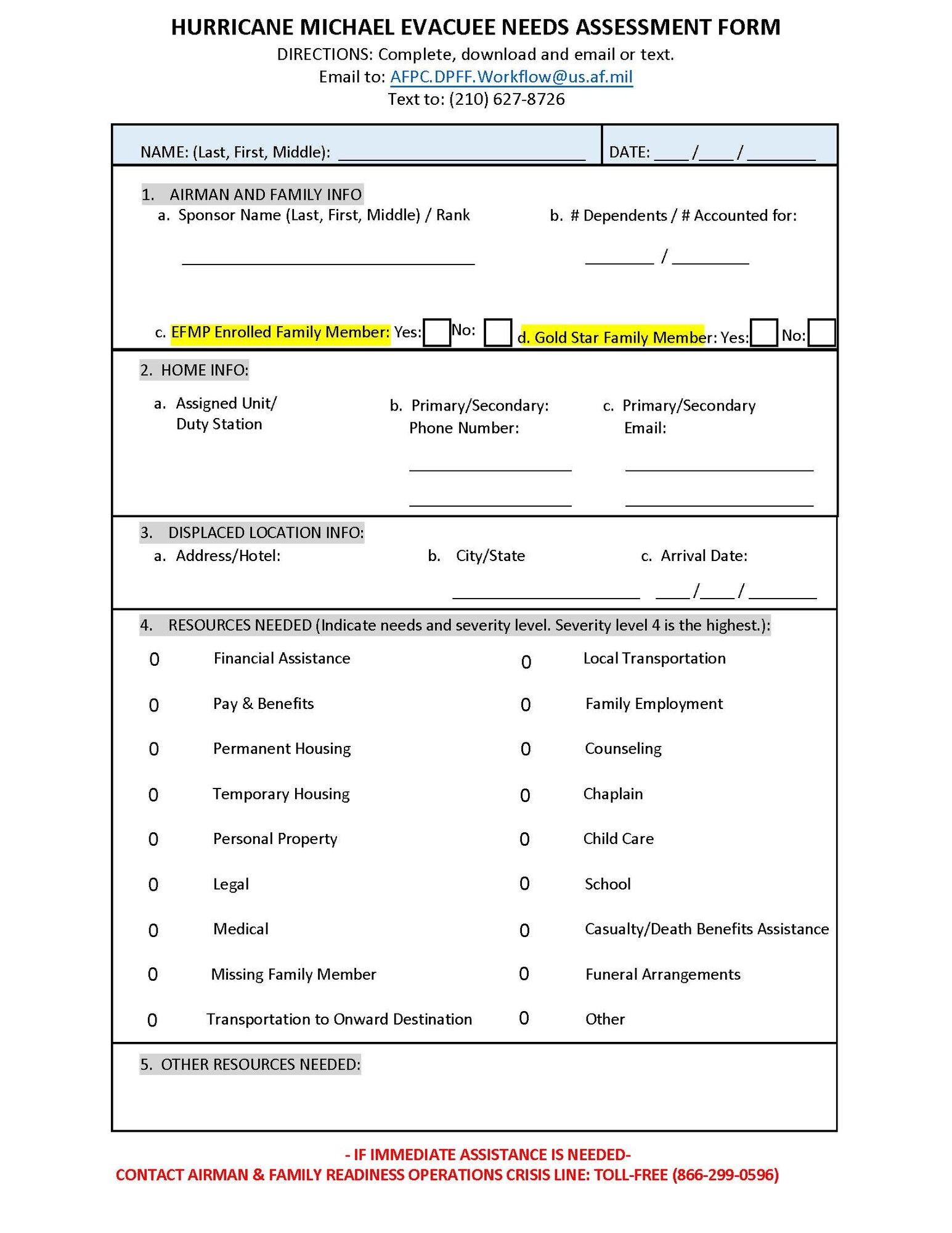 Hurricane Michael Evacuee Needs Assessment Form