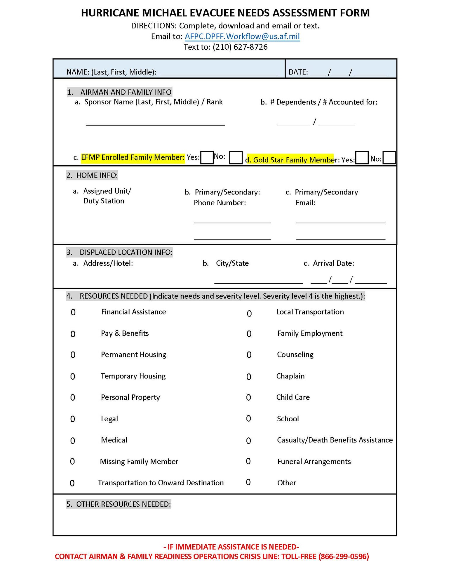 Hurricane Michael Evacuee Needs Assessment Form