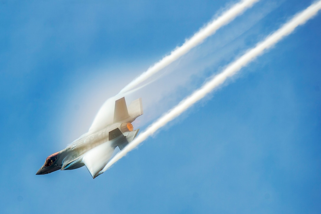 An aircraft performs aerial maneuvers.