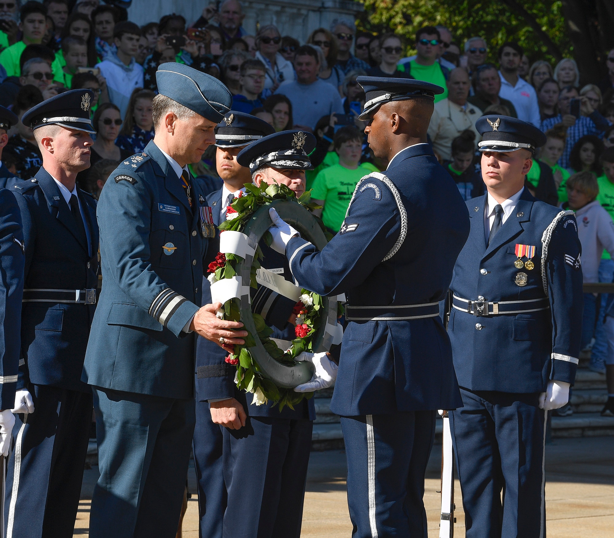 U.S. Air Force Honor Guard, Band join Commander Royal Canadian Air Force Lieutenant General Al Meinzinger and U.S. Air Force Chief of Staff General David Goldfein lay a wreath at the Tomb of the Unknown Soldier.