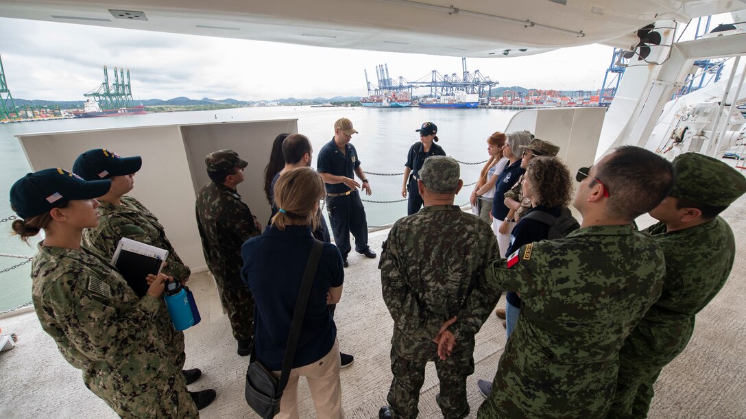 A U.S. Navy Sailor  disembarkation procedures during boat familiarization training for partner nation and non-governmental organization personnel aboard the hospital ship USNS Comfort.
