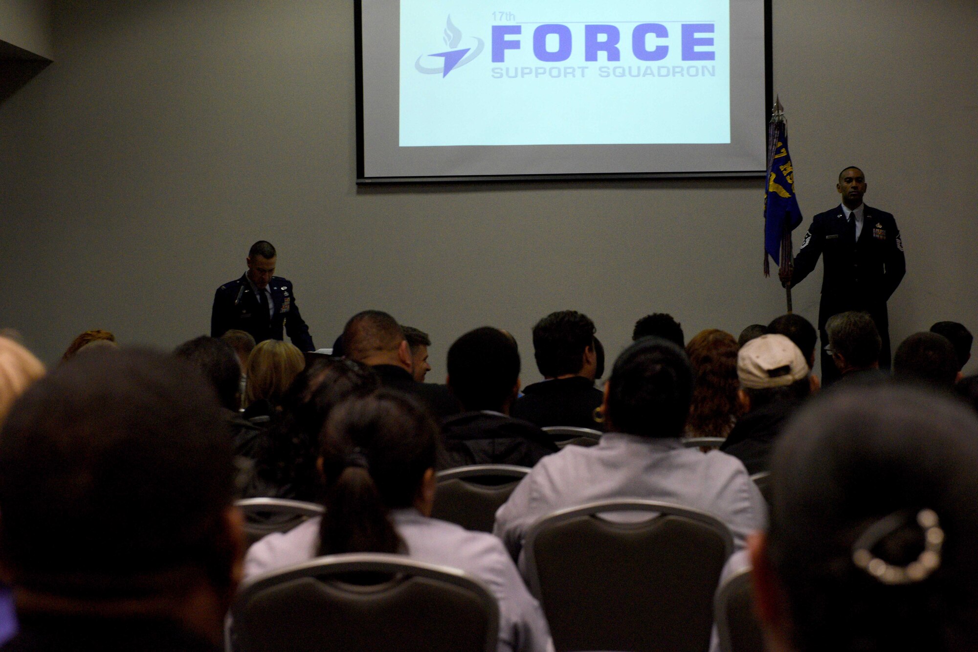 U.S. Air Force Col. Jason Beck, 17th Mission Support Group commander, speaks during the 17th Force Support Squadron assumption of leadership at the Event Center on Goodfellow Air Force Base, Texas, October 19, 2018. Beck welcomed 17th FSS incoming Director, William Dowell.  (U.S. Air Force photo by Senior Airman Randall Moose/Released)