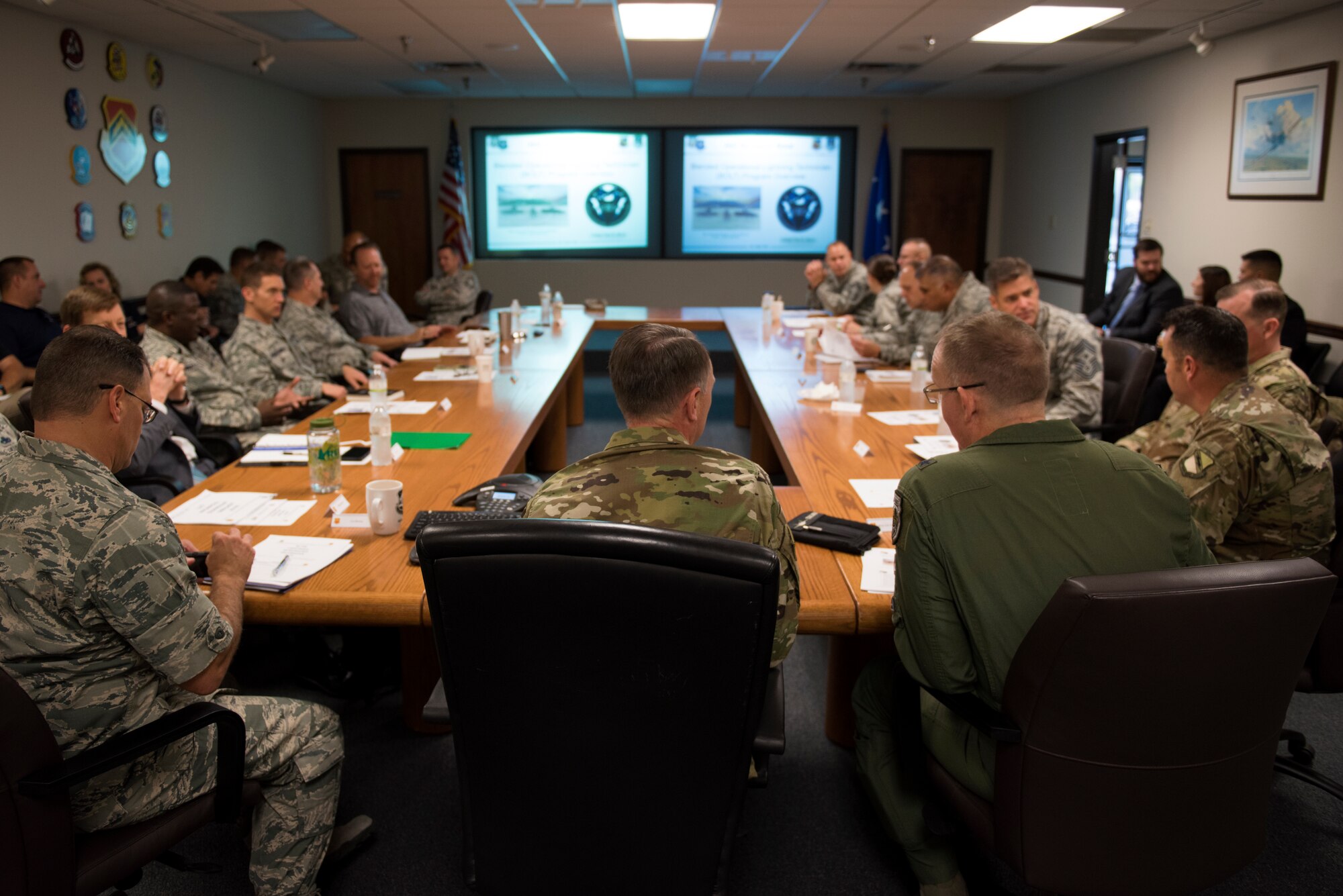 Lt. Gen. Warren D. Berry, deputy chief of staff of the Air Force for Logistics, Engineering and Force Protection, briefs with command teams from the 56th Fighter Wing and other F-35A Lightning II units on innovative integrated maintenance technician programs Oct. 4, 2018, at Luke Air Force Base, Ariz. Berry was briefed on ways in which different maintenance tasks on the F-35 could be integrated so that a single team of skilled experts can conduct the majority of aircraft maintenance without transition time between specialties. (U.S. Air Force photo by Senior Airman Ridge Shan)