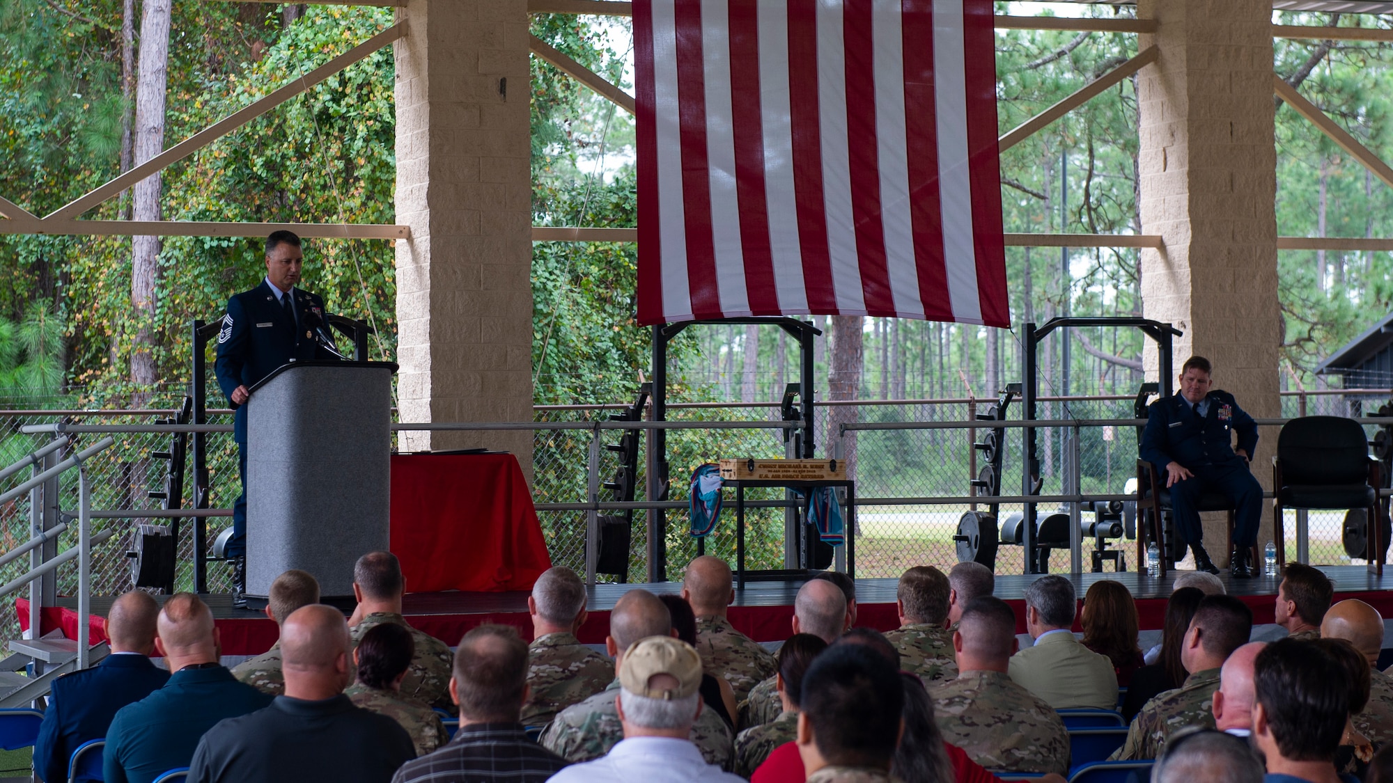 Chief Master Sgt. Michael West, a special tactics combat controller with the 24th Special Operations Wing, gives remarks during his retirement ceremony at Hurlburt Field, Florida, Oct. 19, 2018.