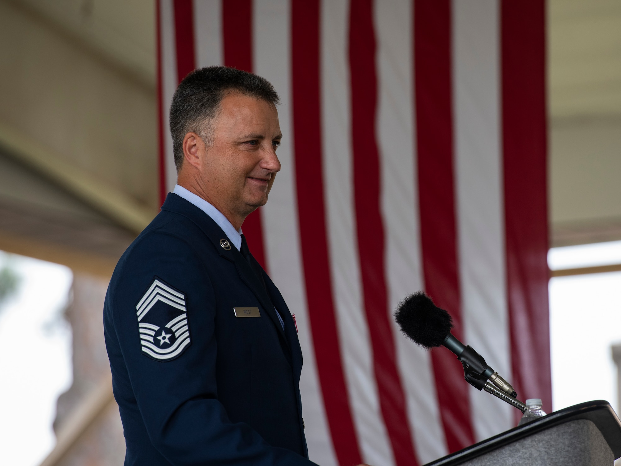 Chief Master Sgt. Michael West, a special tactics combat controller with the 24th Special Operations Wing, gives remarks during his retirement ceremony at Hurlburt Field, Florida, Oct. 19, 2018.