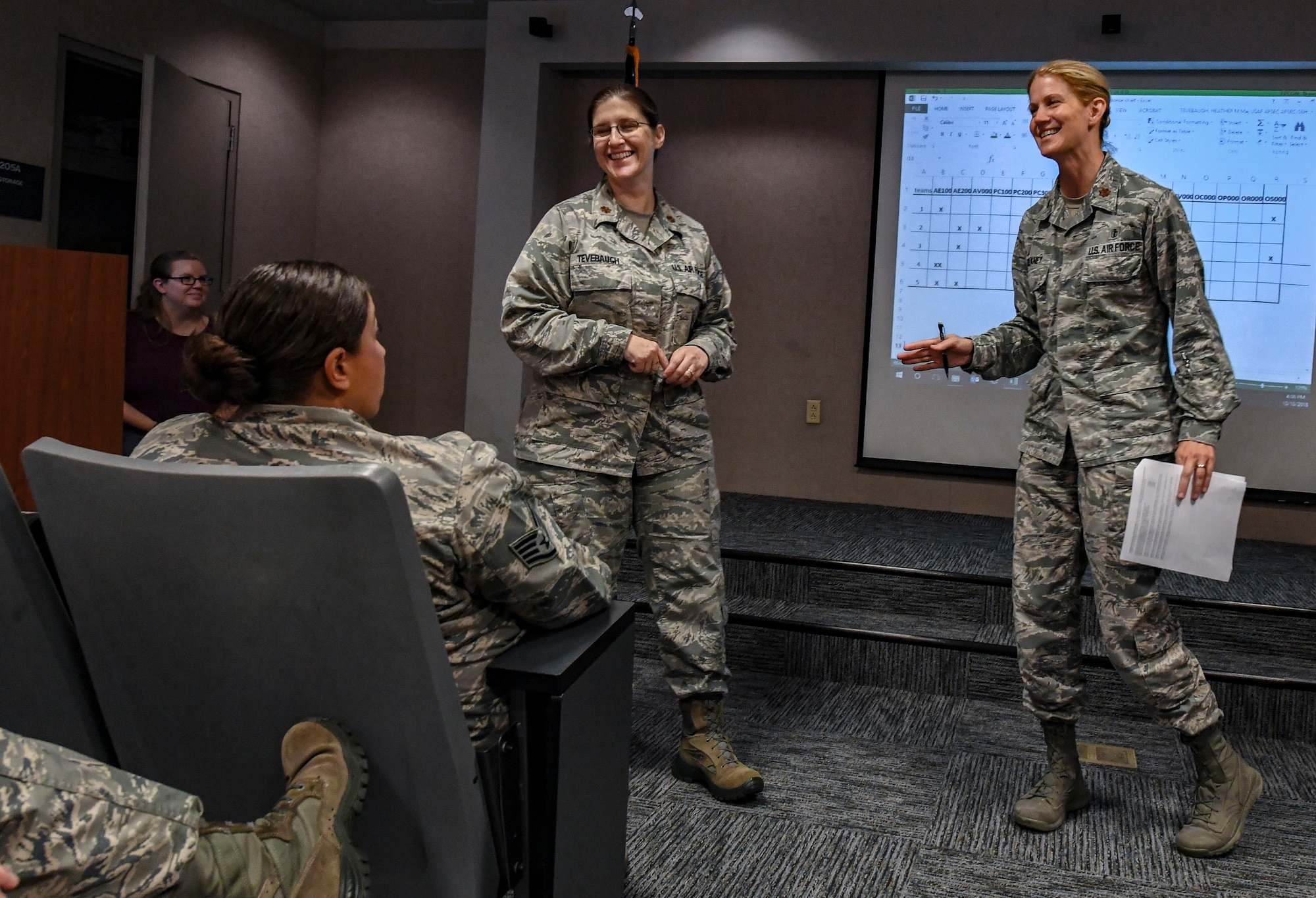 Air Force Safety Center Human Factor Workshop instructors, Maj. Heather Tevebaugh, left, and Maj. Nancy Delaney, brief students during their course at Joint Base Langley-Eustis, Virginia, Oct. 10, 2018. Delaney and Tevebaugh are both subject-matter experts from their career fields who travel around the world to teach Airmen about the human factors involved in accident investigation boards and occupational safety. (U.S. Air Force photo by Tech. Sgt. Nick Wilson)