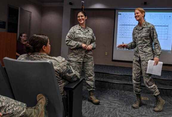 Air Force Safety Center Human Factor Workshop instructors, Maj. Heather Tevebaugh, left, and Maj. Nancy Delaney, brief students during their course at Joint Base Langley-Eustis, Virginia, Oct. 10, 2018. Delaney and Tevebaugh are both subject-matter experts from their career fields who travel around the world to teach Airmen about the human factors involved in accident investigation boards and occupational safety. (U.S. Air Force photo by Tech. Sgt. Nick Wilson)
