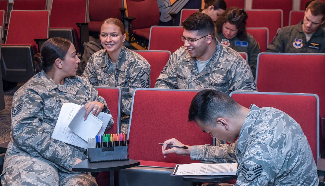 Airmen from major commands across the Air Force partake in a scenario-based exercise during a human factor workshop at Joint-Base Langley-Eustis, Virginia, Oct. 11, 2018. The workshop brought together 27 students from across the Air Force to teach them about various aspects of occupational safety with an intent to use the course graduates as a cadre of subject matter experts during future accident investigation boards. (U.S. Air Force photo by Tech. Sgt. Nick Wilson)