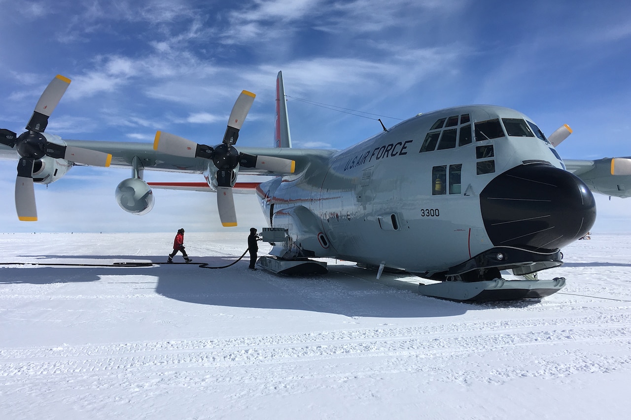 A grounded LC-130 in Antarctica.