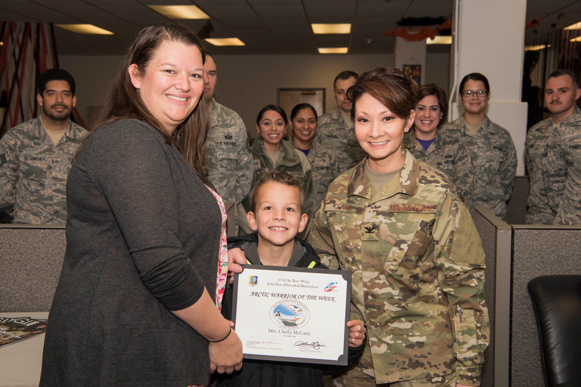 Cherly McCarty, a 673d Force Support Squadron human resources assistant, is recognized as the Arctic Warrior of the Week at Joint Base Elmendorf-Richardson, Alaska, Oct. 19, 2018. The Arctic Warrior of the Week is an award highlighting JBER's top performing Airmen.