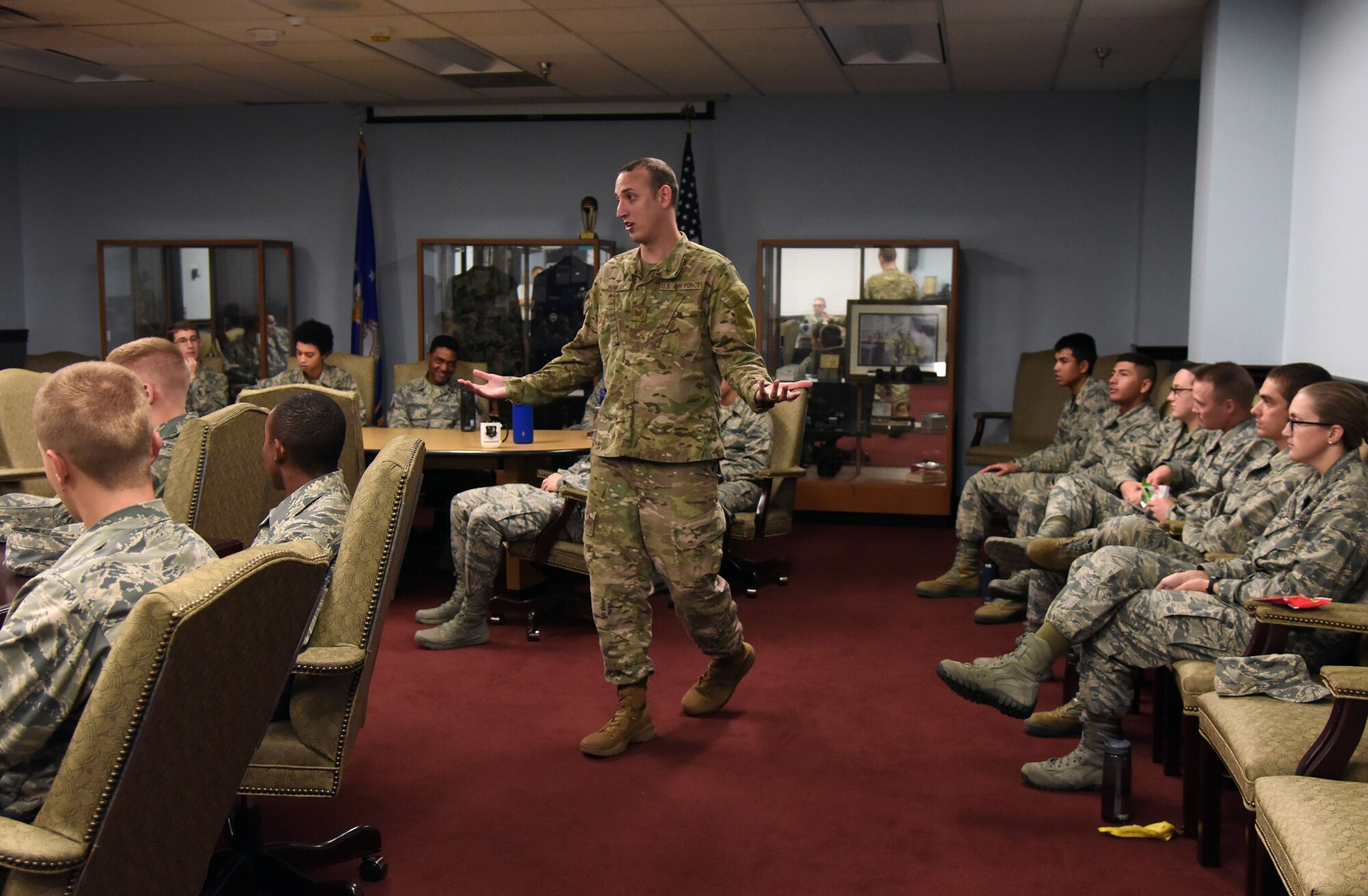 U.S. Air Force Tech. Sgt. Alex Rowley, 335th Training Squadron instructor, speaks to Airmen about resiliency during Wingman Day inside the Weather Training Complex on Keesler Air Force Base, Mississippi, Oct. 18, 2018. Wingman Day focused on the physical domain, resiliency and team-building initiatives across the base. (U.S. Air Force photo by Kemberly Groue)