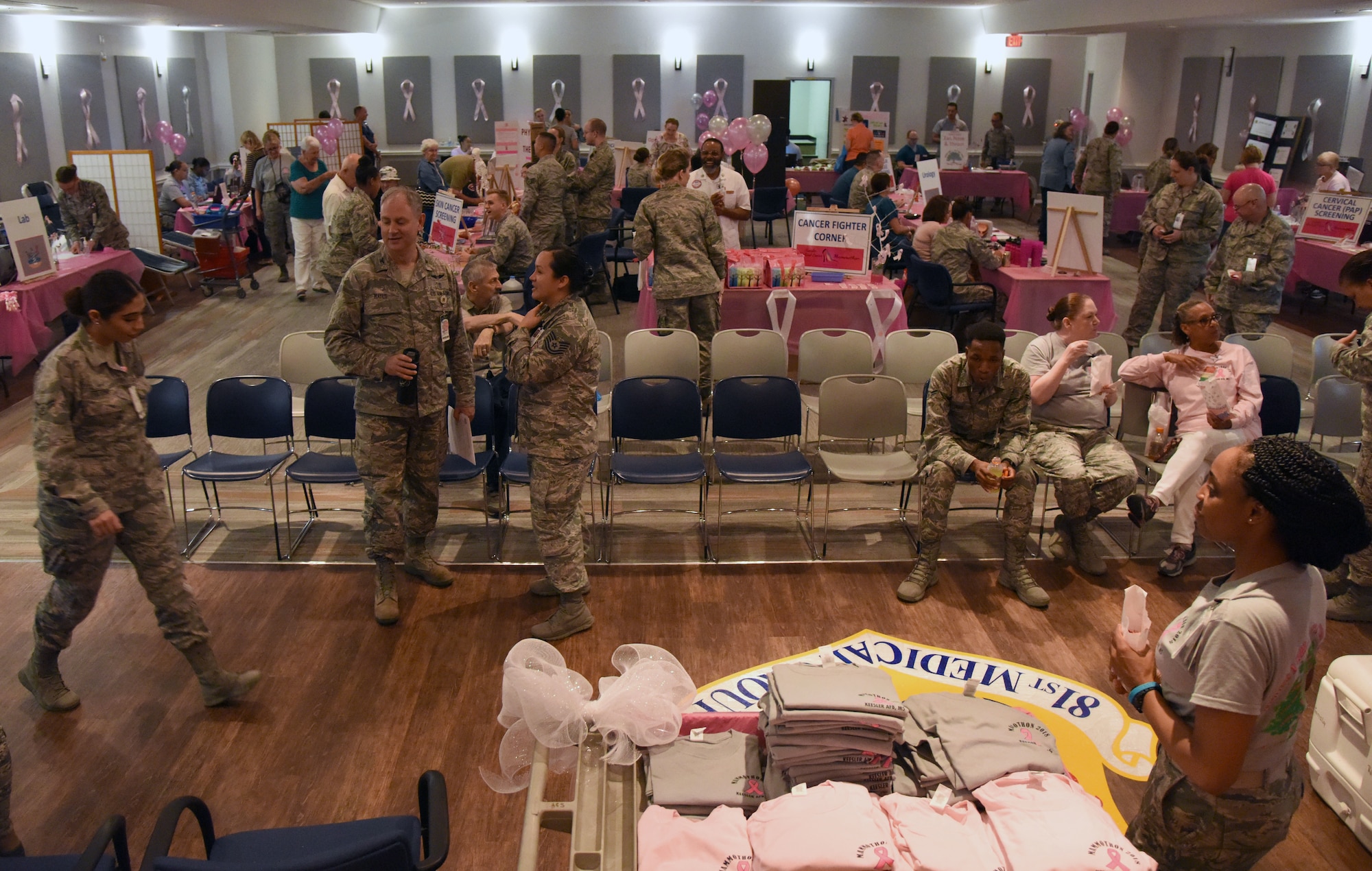 The 81st Medical Group hosts the 7th Annual Mammothon Cancer Screening and Preventative Health Fair inside the Don Wylie Auditorium on Keesler Air Force Base, Mississippi, Oct. 19, 2018. The 81st Medical Group hosted the walk-in event which included screenings for multiple types of cancer and chronic diseases in honor of Breast Cancer Awareness Month. (U.S. Air Force photo by Kemberly Groue)