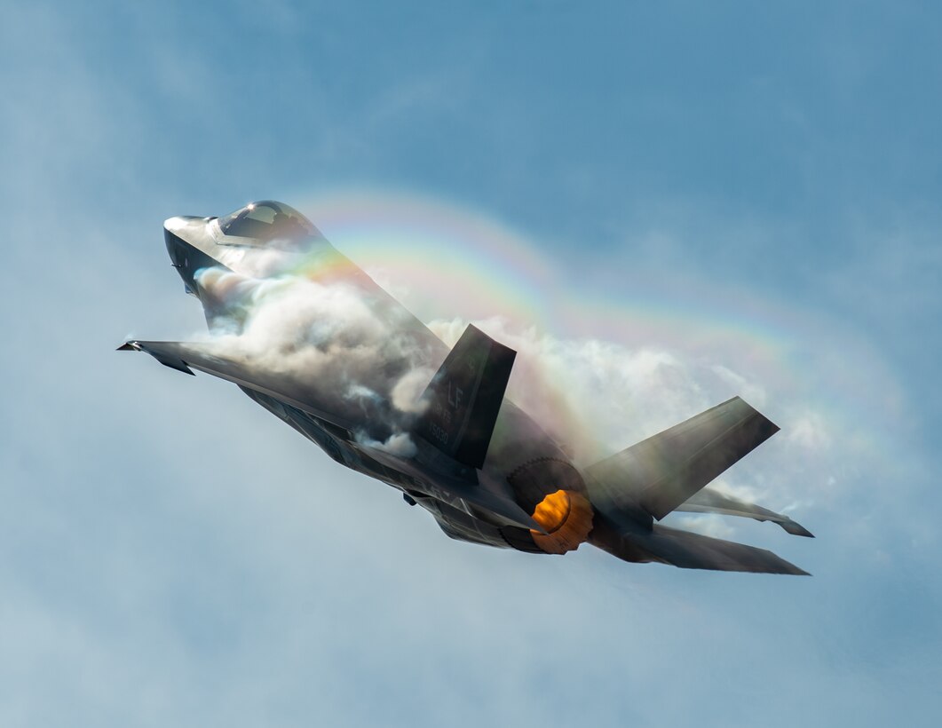 Capt. Andrew “Dojo” Olson, F-35 Heritage Flight Team pilot and commander, performs a vertical climb in an F-35A Lightning II during the Bell Fort Worth Alliance Air Show Oct. 14, 2018, in Fort Worth, Texas. The F-35A Lightning II’s F-135 single-engine contains 43,000 pounds of thrust. (U.S. Air Force photo by Senior Airman Alexander Cook)