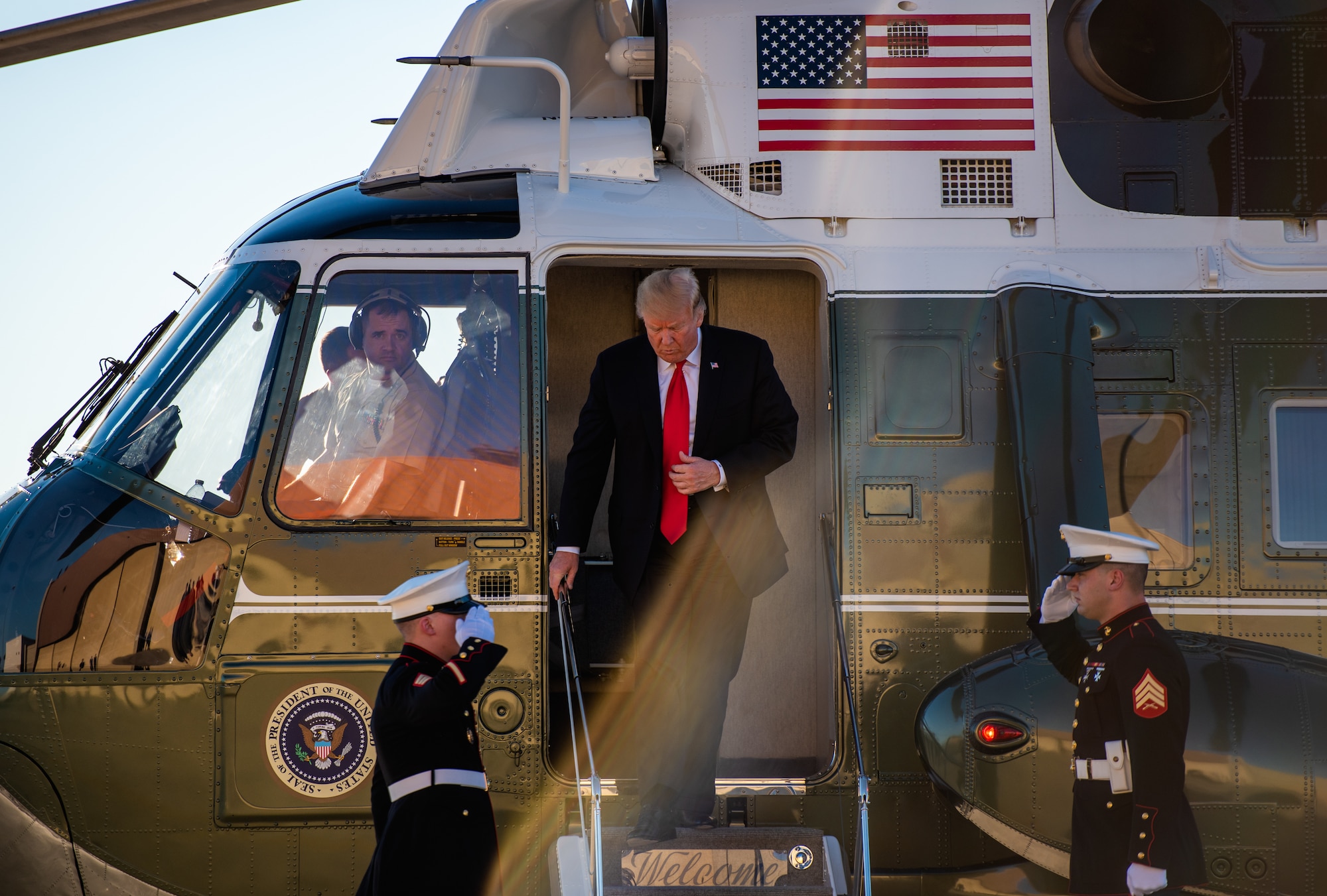 President Donald J. Trump arrives in Marine One to Luke Air Force Base, Ariz., Oct. 19, 2018. President Trump visited the base to discuss military weapons and technology capabilities and learn about the 56th Fighter Wing’s pilot training mission (U.S. Air Force photo by Senior Airman Alexander Cook)