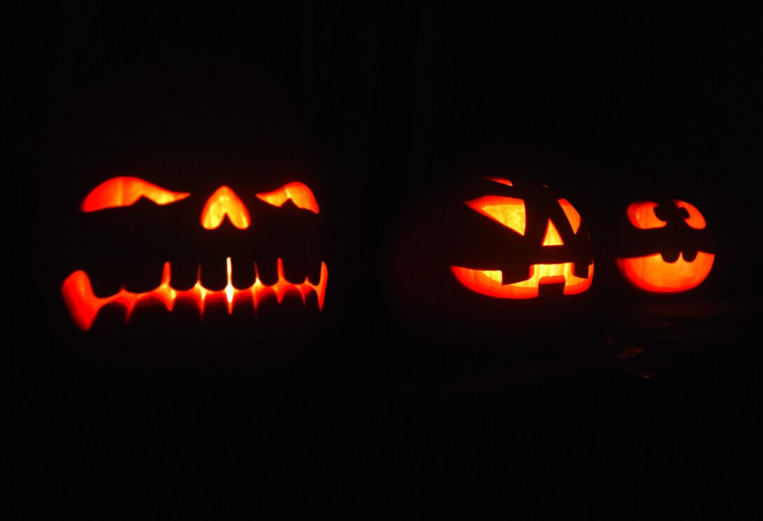 Jack-o-lanterns light up during a U.S. Air Force Hearts Apart event Oct. 18, 2018, on RAF Mildenhall, England. The 100th Civil Engineering Squadron hosted the monthly event, which helps bring Team Mildenhall families of deployed Airmen closer during times of separation. (U.S. Air Force photo by Airman 1st Class Brandon Esau)